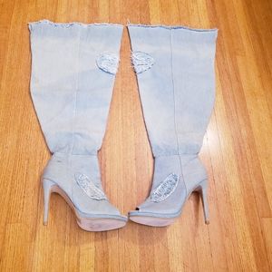 Ashley Stewart Extra Wide Thigh Women Denim Over The Knee Thigh High Boots New*